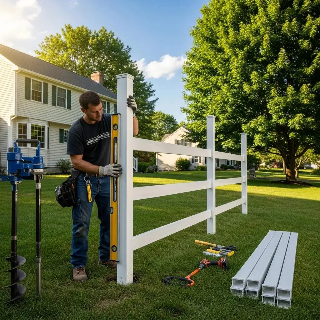 Professional installing a vinyl fence with a level tool in a Massachusetts backyard, surrounded by tools and fence materials, showcasing a residential setting.