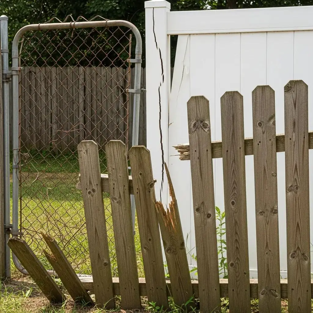 Damaged wooden and chain-link fence sections showing rot and misalignment, illustrating common fence problems in Essex County, MA.