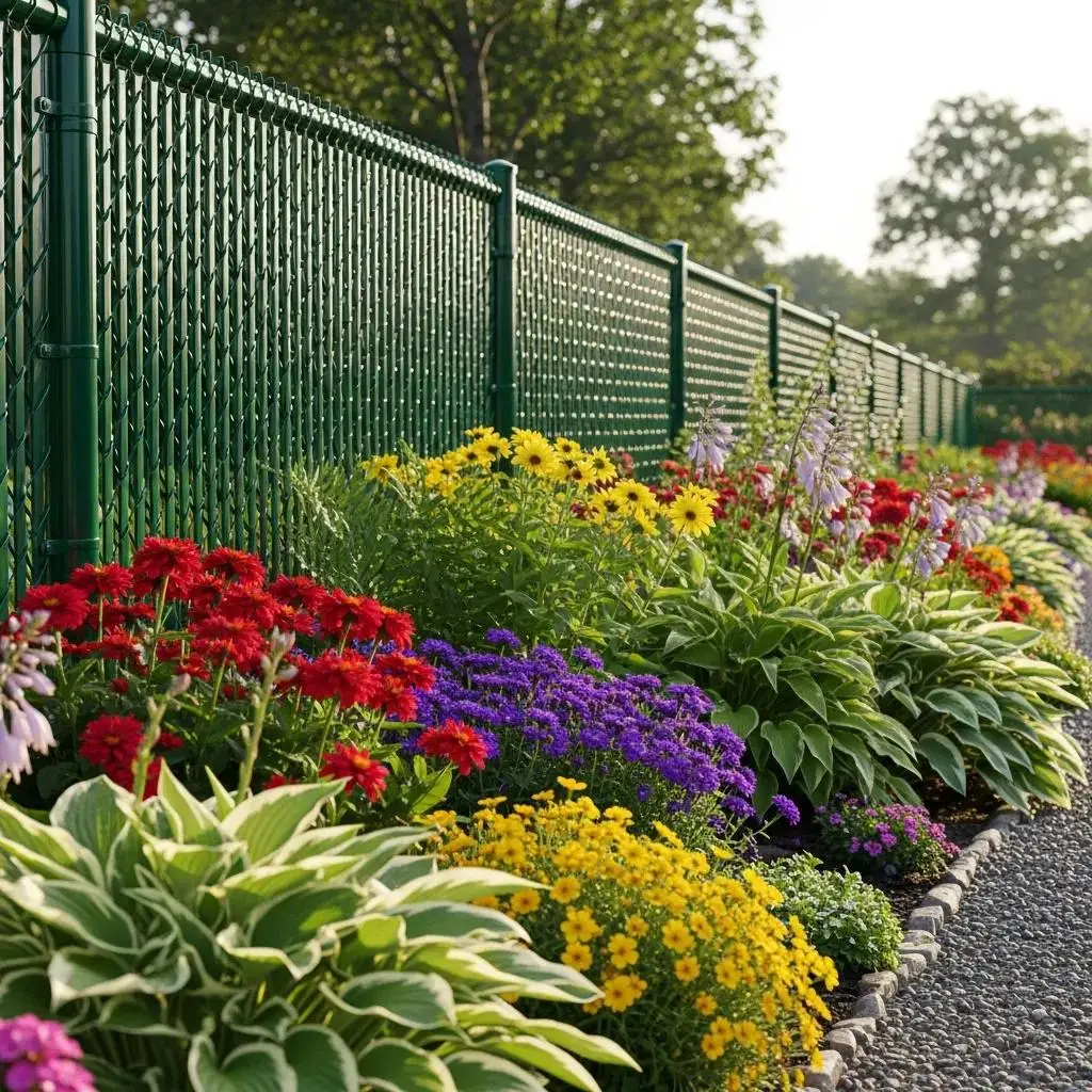Vinyl-coated chain link fence in a garden setting, showcasing vibrant flower beds with red, yellow, and purple blooms, highlighting aesthetic appeal and low maintenance benefits.