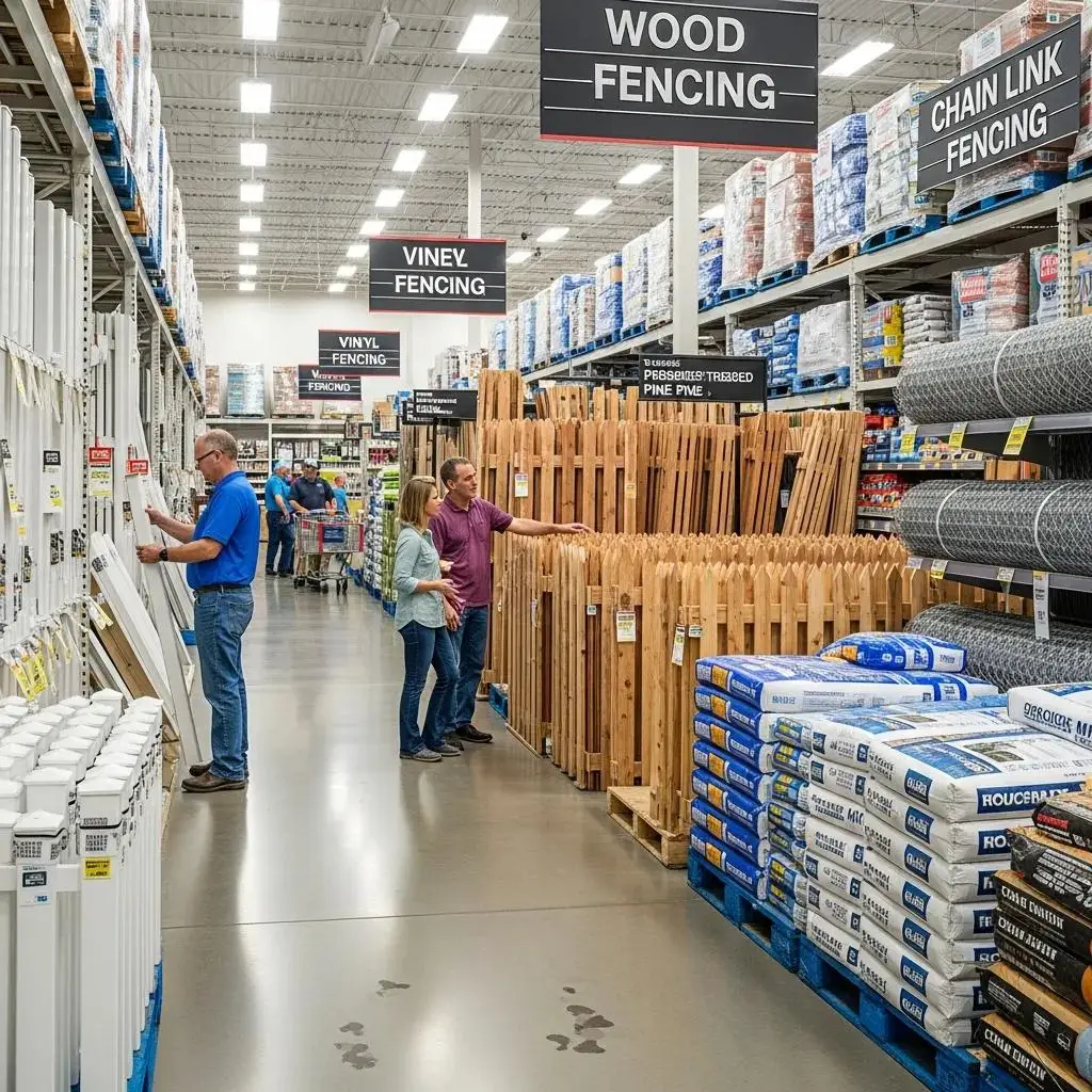 Aisle in a big box store displaying various fencing materials, including wood, vinyl, and chain link options, highlighting shopping convenience for homeowners.