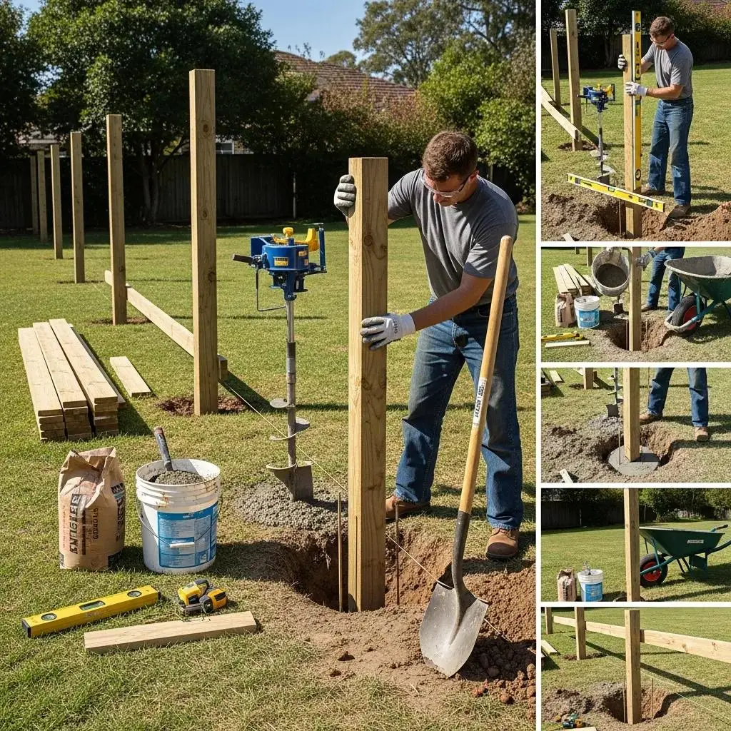 Man installing wooden fence posts in a yard, using a post hole digger and level, with concrete mix, tools, and pre-cut wood panels visible, illustrating essential steps in wood fence installation.