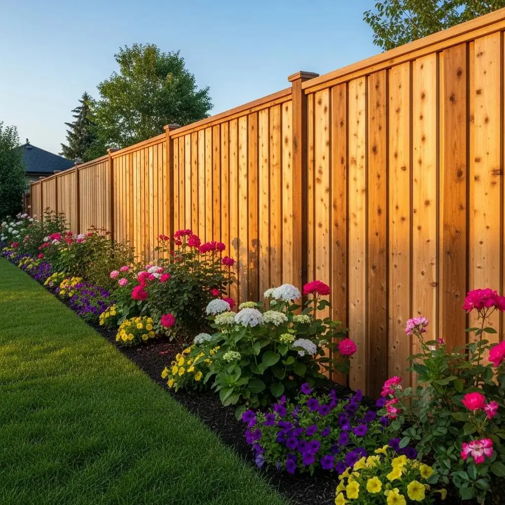 Classic wood fence installation enhancing privacy and charm, bordered by vibrant flowers in a residential garden.