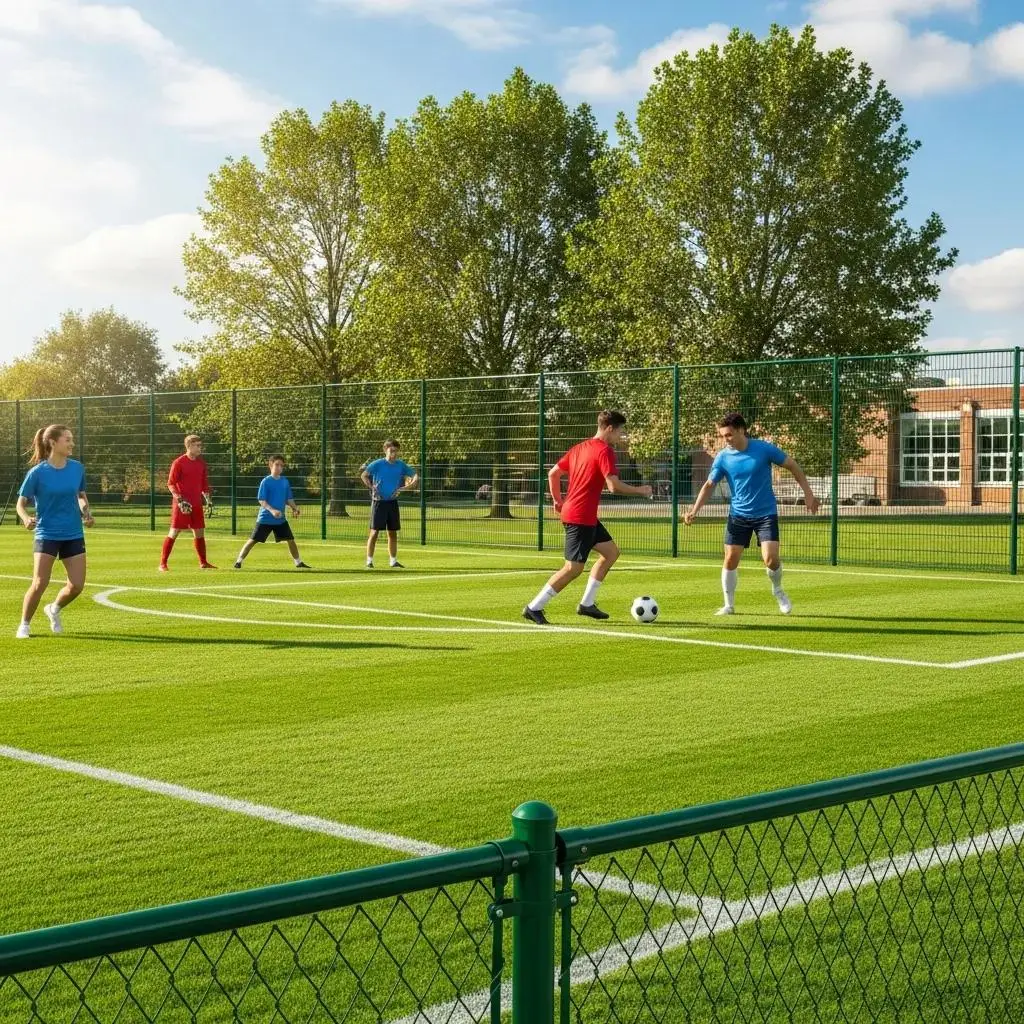 Active soccer game on a well-maintained sports field surrounded by durable green fencing, featuring athletes in colorful uniforms engaging in play.