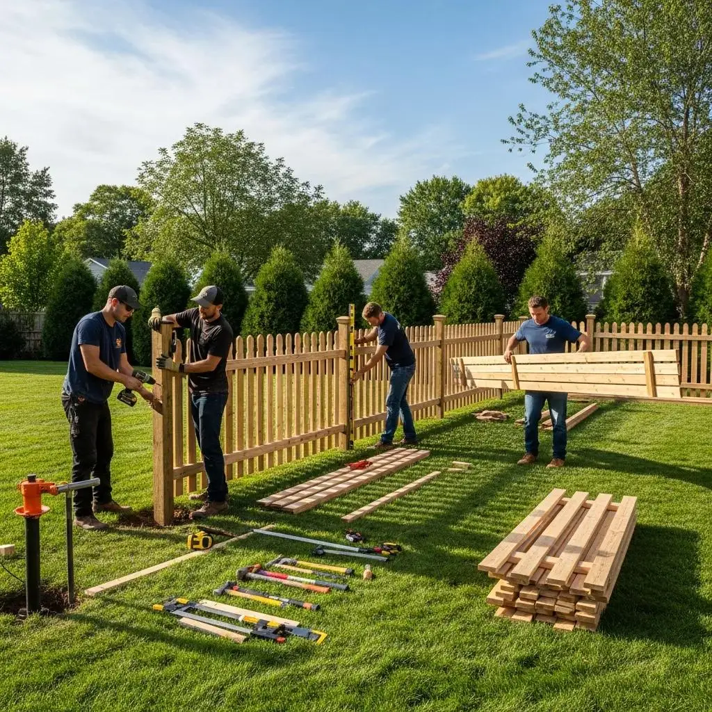 Professional fence installation in a residential backyard, workers assembling wooden fencing with tools and materials visible in North Shore MA.