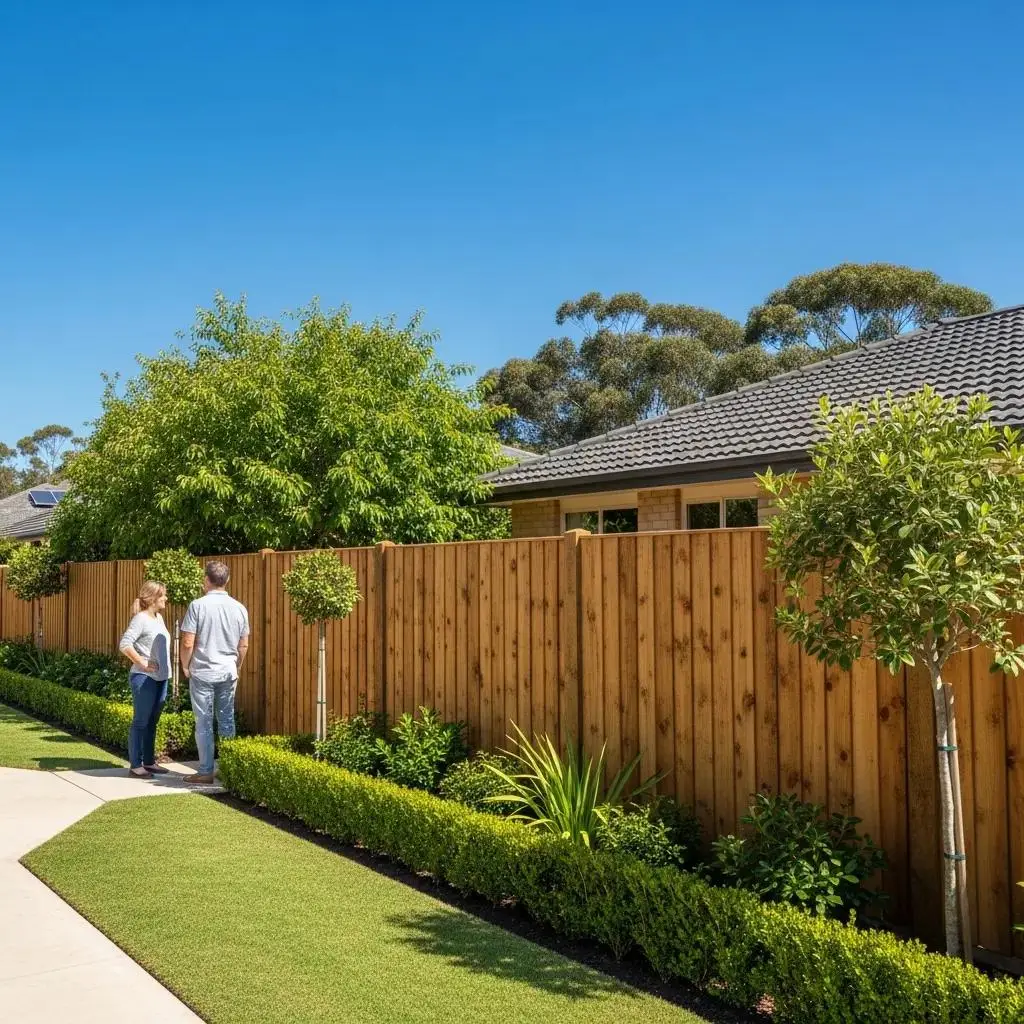 Residential wooden fence installation in sunny garden, showcasing craftsmanship, inviting atmosphere, and landscaping with manicured hedges and trees.