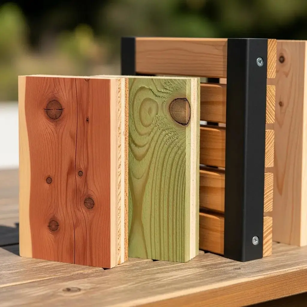 Samples of cedar and pressure-treated pine wood alongside wood-on-steel fencing systems, showcasing textures and colors relevant for privacy fencing options.