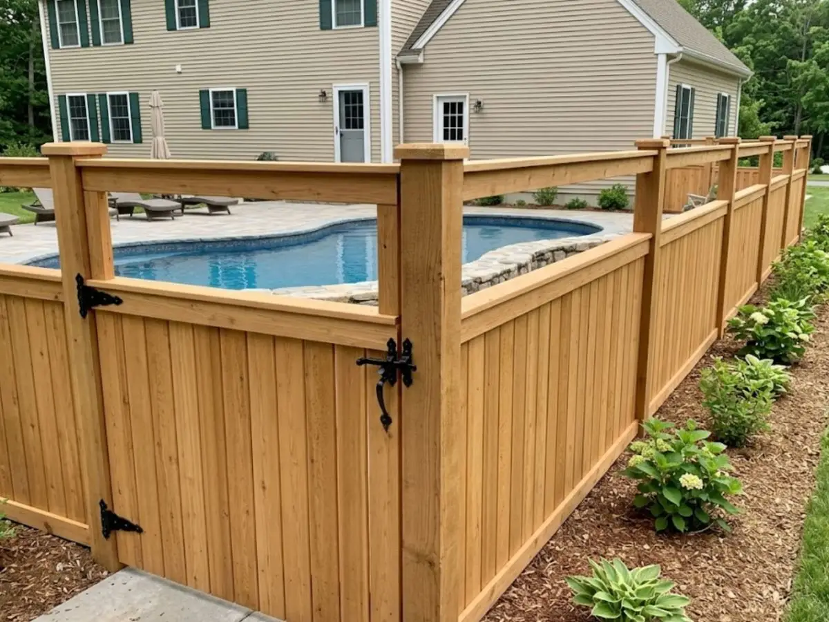 Cedar pool fencing enclosing an in-ground pool, showcasing natural wood aesthetics and secure gate latch, blending with West Newbury's rural landscape.