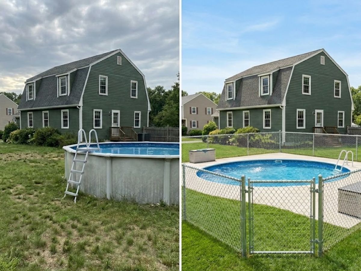 Before and after: Chain link pool fence installation in Salisbury, MA by Olympic Fence Company.
