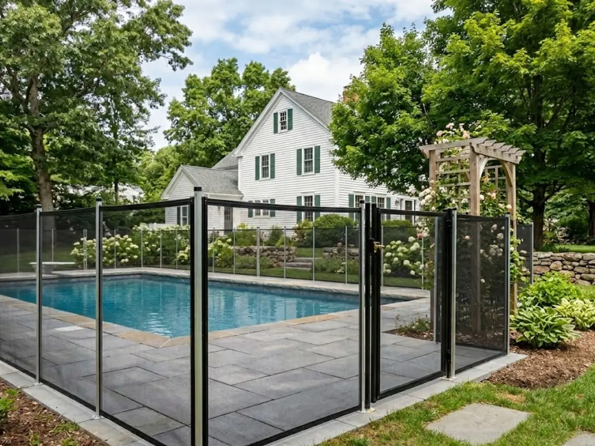 Olympic Fence Company pool fencing installation in West Newbury, MA, featuring a mesh safety barrier around a backyard pool.