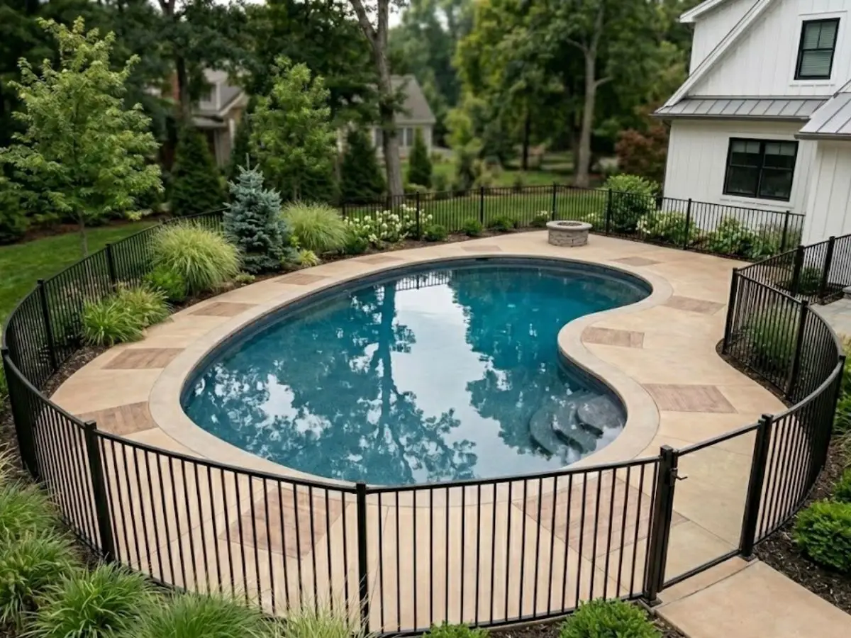 Aluminum pool fencing surrounding a modern in-ground pool in a landscaped yard, emphasizing safety and aesthetics for West Newbury homes.