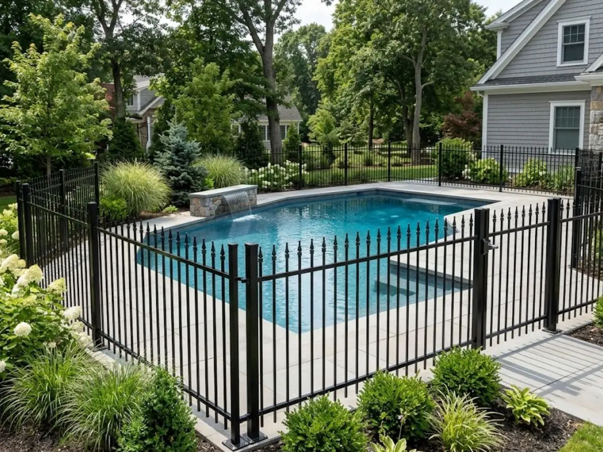 Ornamental aluminum pool fencing surrounding a residential swimming pool, featuring sleek lines and a modern aesthetic, complemented by lush landscaping and a stone water feature.