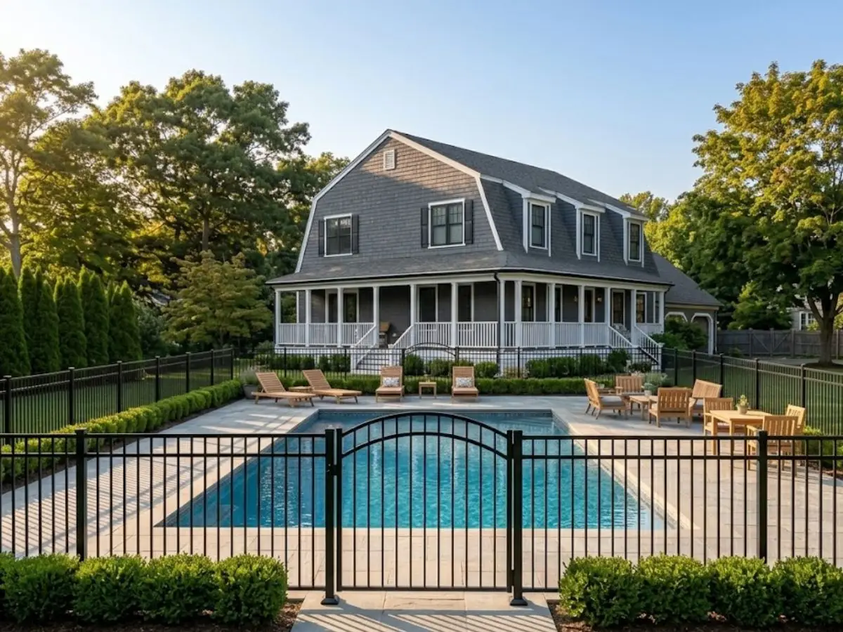 Ornamental steel pool fencing around a West Newbury property, showcasing curb appeal and security.