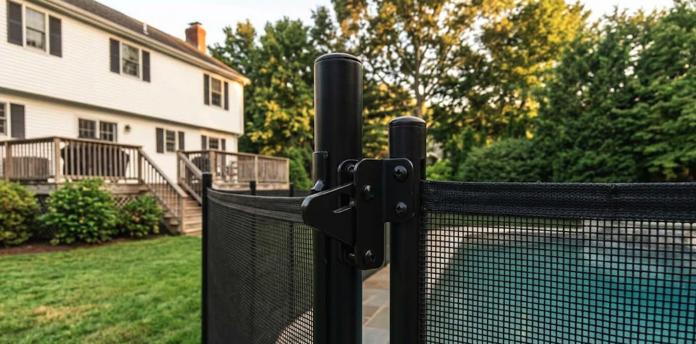 Olympic Fence Company rigid wire panel pool fence installation in West Newbury, Massachusetts, featuring child-safe gate latch hardware.