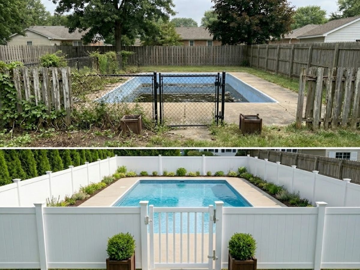 Before and after images of a vinyl pool fence installation by Olympic Fence Company in Salisbury, MA.