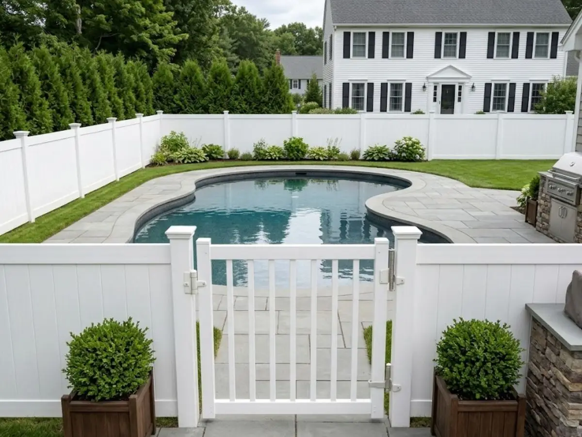 Vinyl privacy pool enclosure installed by Olympic Fence Company in West Newbury, Massachusetts.