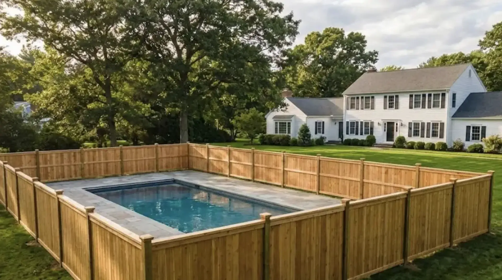 Wooden fence surrounding a swimming pool in a residential backyard, showcasing a well-maintained property in Newburyport, MA.