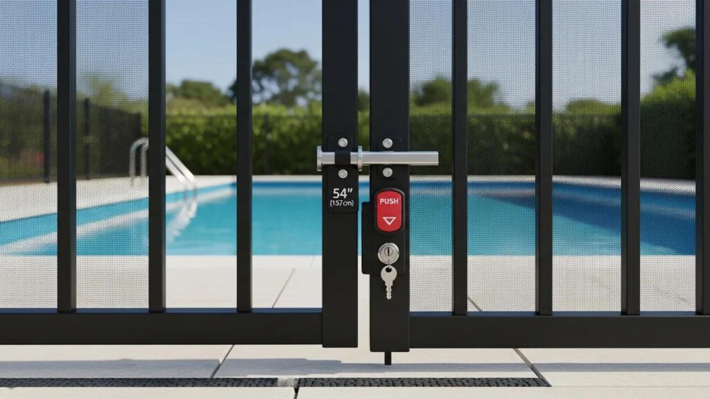 Close-up of a self-closing and self-latching pool gate, highlighting safety features for child protection