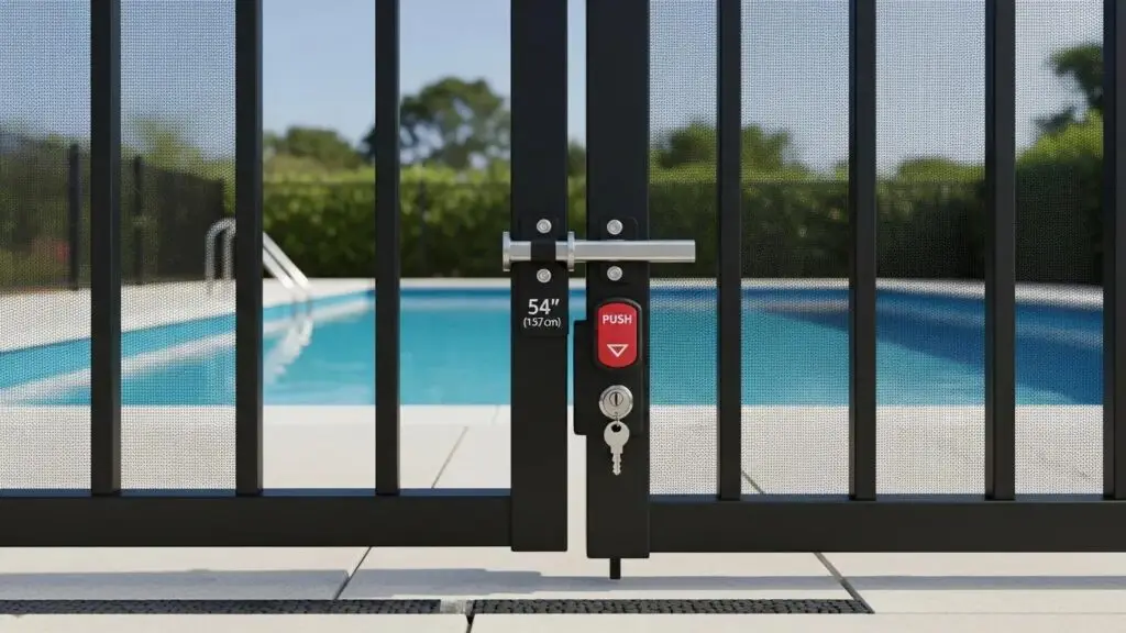 Close-up of a self-closing pool gate with 54-inch latch, demonstrating Massachusetts safety standards by Olympic Fence Company.