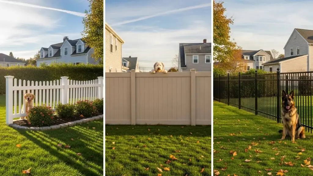 Diverse dog fences in a Massachusetts backyard with dogs playing, showcasing safety and security for pets