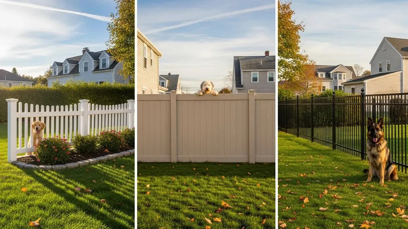 Diverse dog fences in a Massachusetts backyard with dogs playing, showcasing safety and security for pets