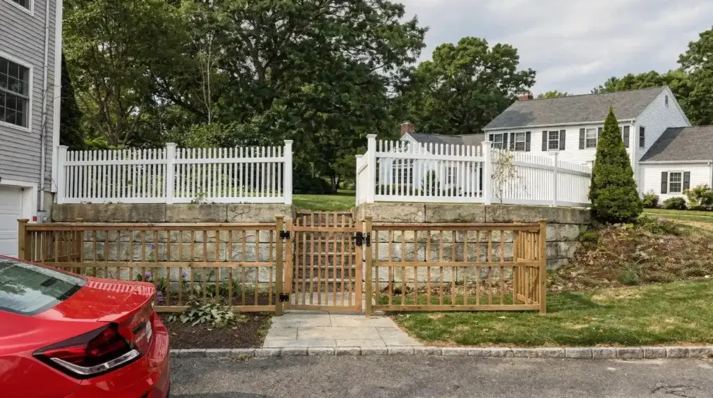 White vinyl pool fence installation by Olympic Fence Company in North Shore, Massachusetts, demonstrating code-compliant