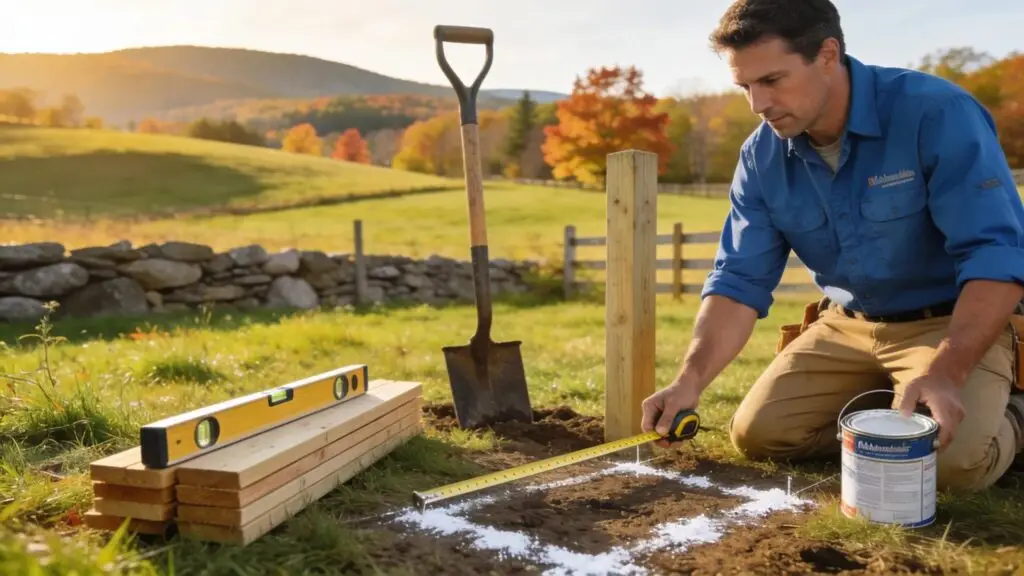 Professional fence installation in Massachusetts with a contractor measuring the site