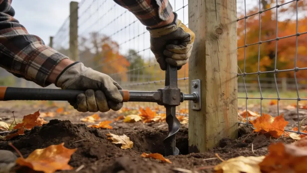 Worker installing a fence in ideal fall weather, illustrating the benefits of autumn conditions for fence installations