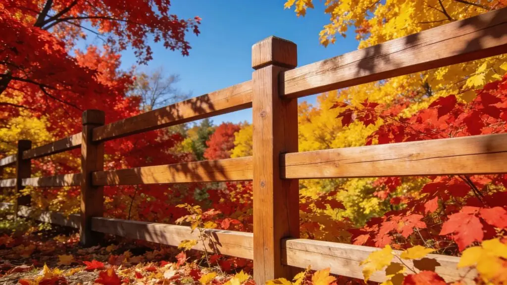 Autumn scene with a wooden fence and vibrant foliage, highlighting fall fence installation benefits in Massachusetts